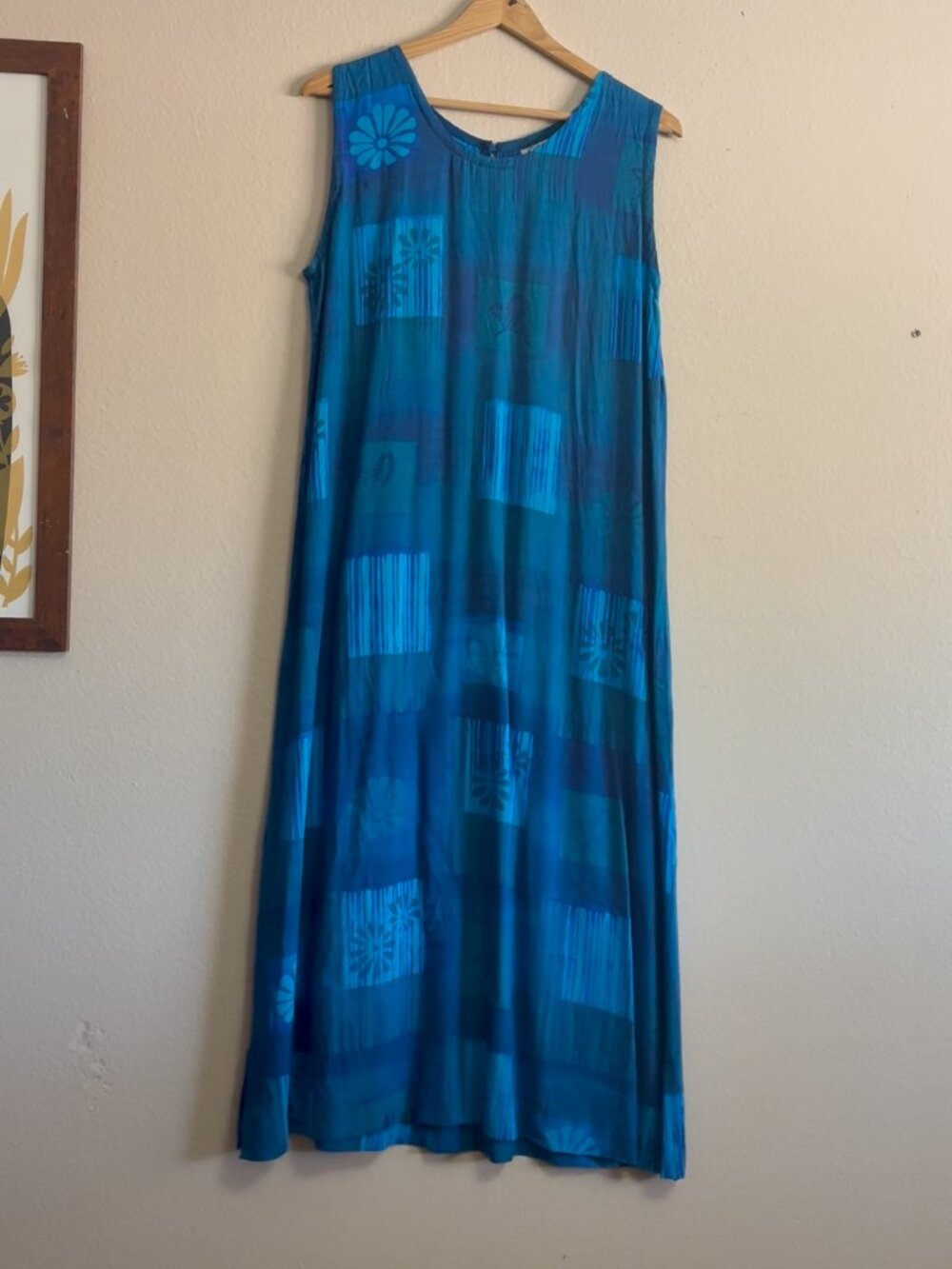 Blue Patchwork Floral Batik-inspired Print Dress / Large Resort Beach